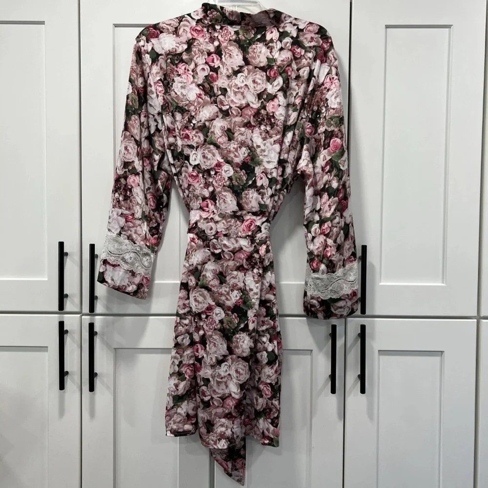 Kate Spade Satin Rose Robe Large/xl Kimono Lace Feminine Intimates
